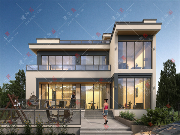 成都市金堂县二层现代风农村自建房别墅设计图，大落地窗+时尚外观